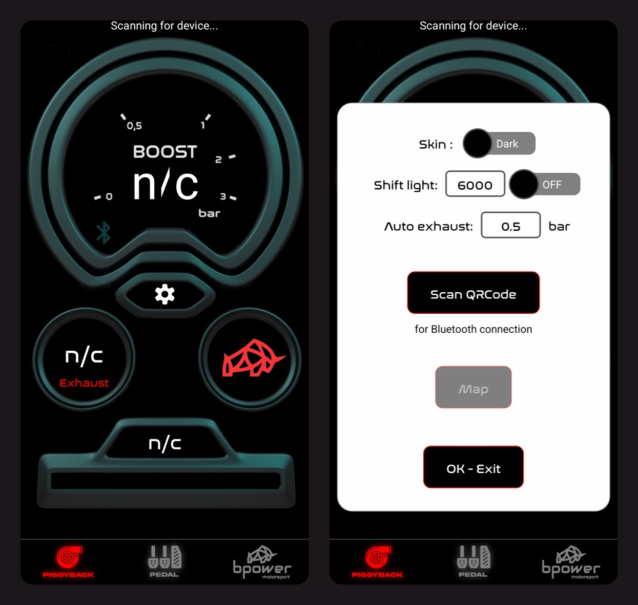 App original: tela principal desconectada e tela de configurações